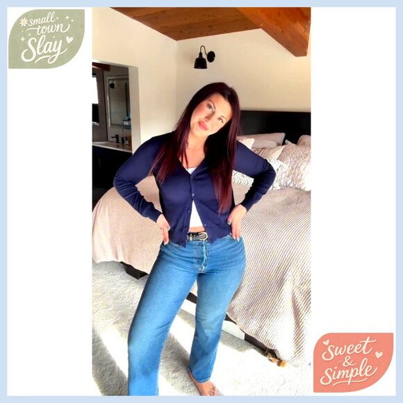 Cropped Long Sleeve Cardigan Open Front Button Down V Neck Sweater - Picture 4 of 7